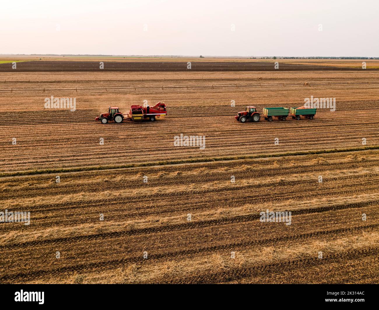 Cosechadora y tractor en granja al atardecer Foto de stock