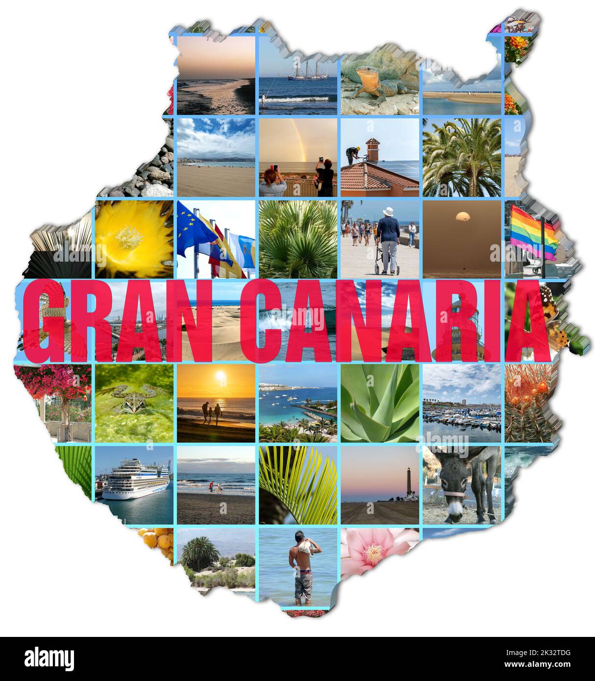 Collage de fotos de Gran Canaria en el mapa de Gran Canaria, fondo blanco y texto 'Gran Canaria'. Foto de stock