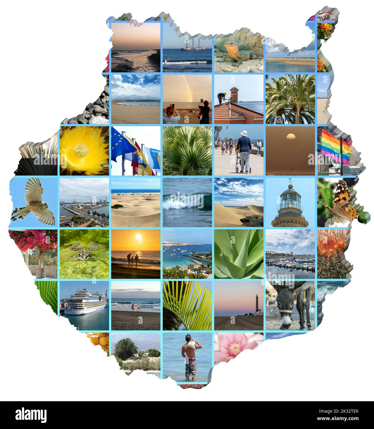 Collage de fotos de Gran Canaria en el mapa de Gran Canaria, fondo blanco. Foto de stock