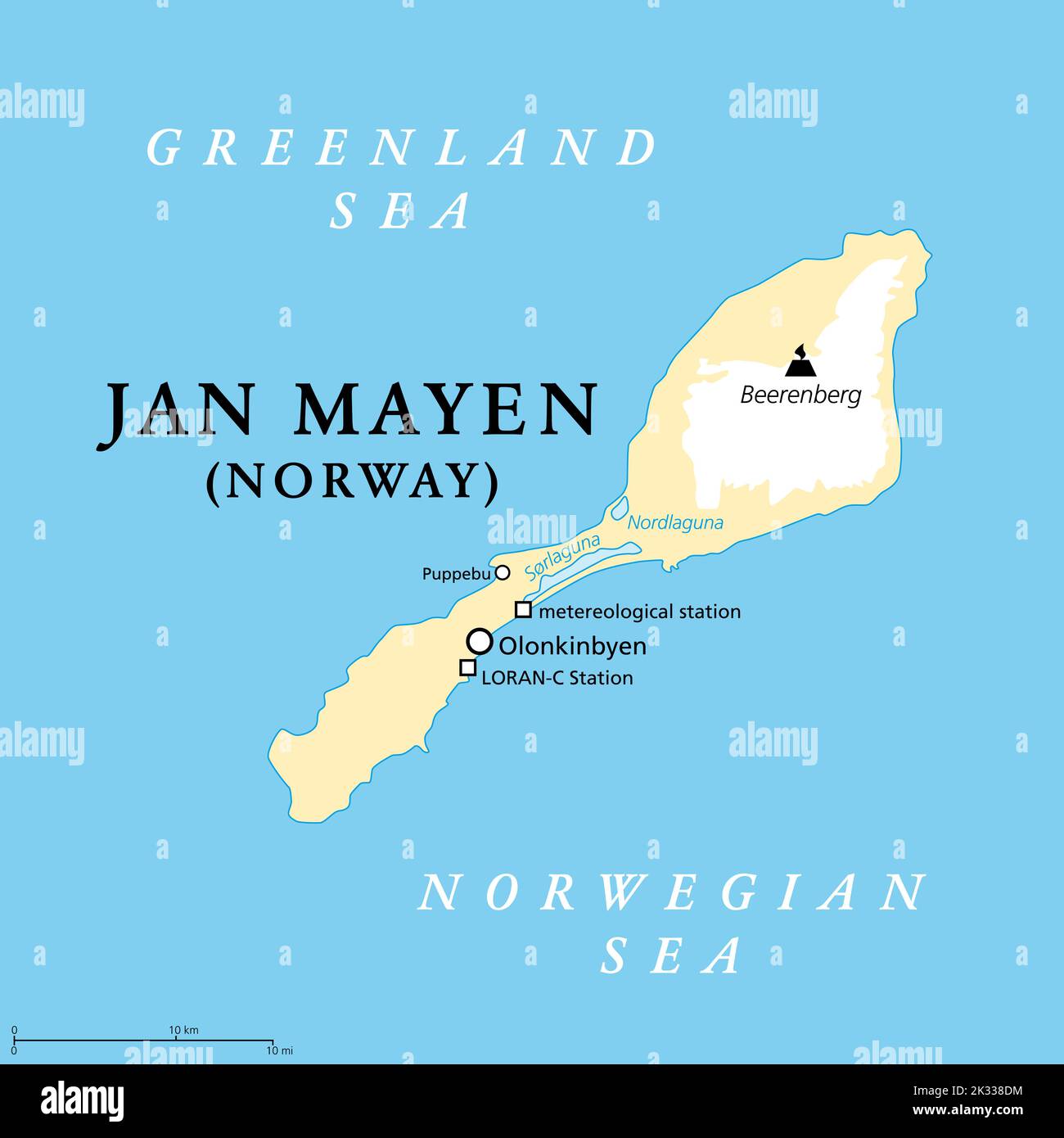 Jan Mayen, mapa político. Isla volcánica noruega en el océano Ártico, entre el mar de Groenlandia y el mar de Noruega, parcialmente cubierta de glaciares. Foto de stock