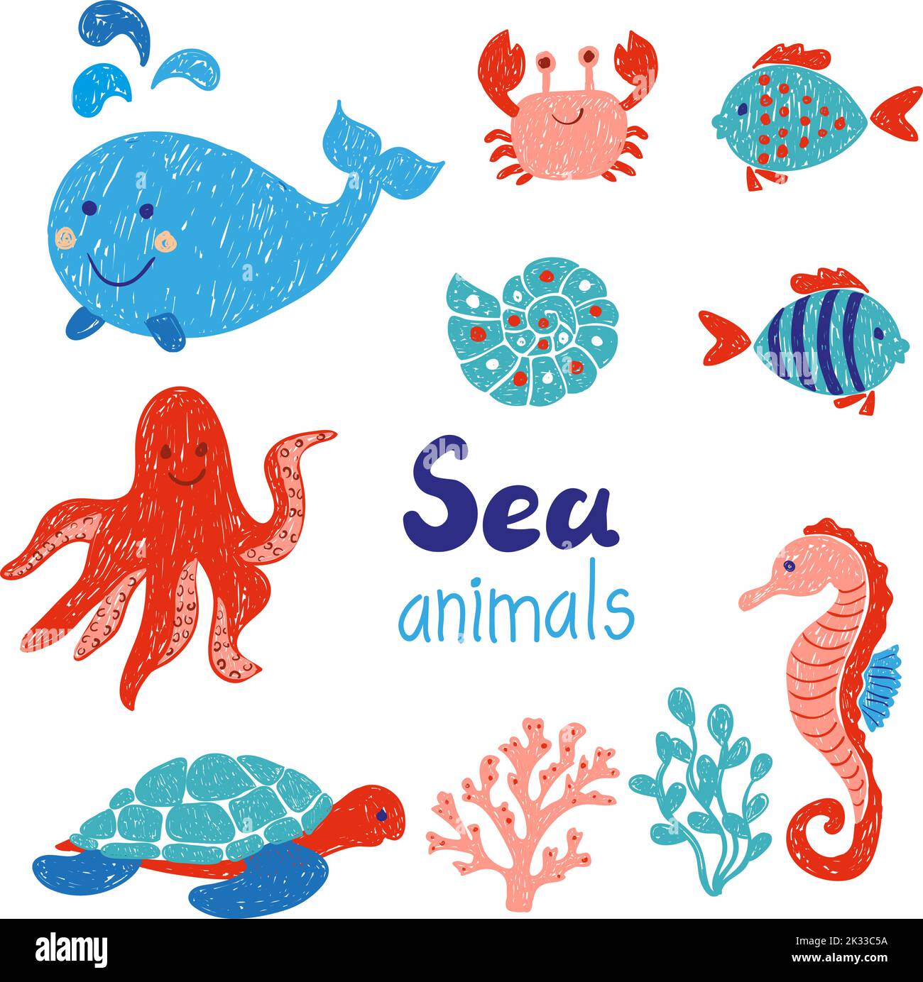 Animales marinos en colores rojo y azul. Dibujos de niños garabatear. Ilustración vectorial Ilustración del Vector