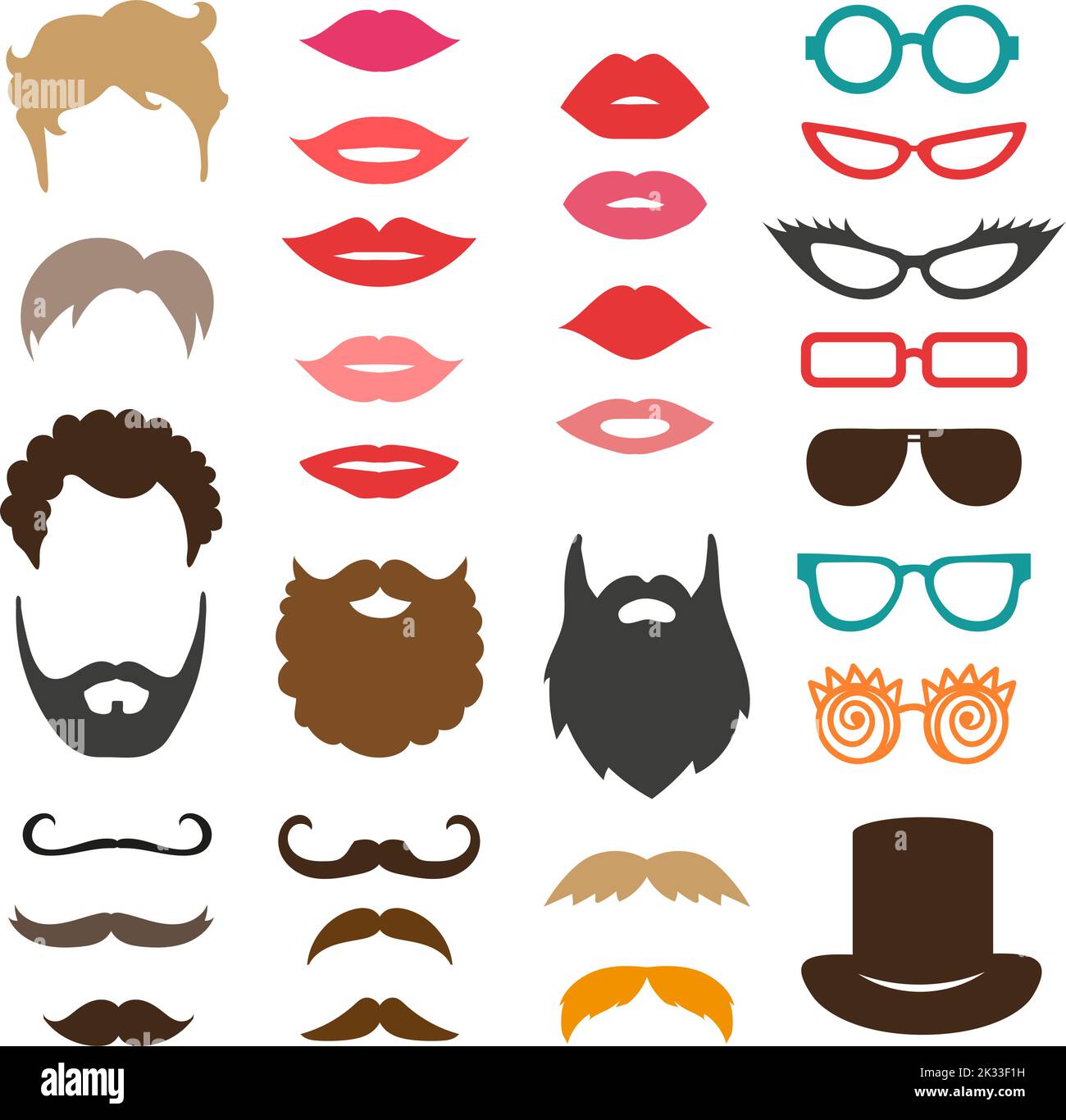 Conjunto de bigote, barbas, cortes de pelo, labios y gafas de sol. Accesorios para la fotomatón de cumpleaños. Colección de vectores de iconos Ilustración del Vector