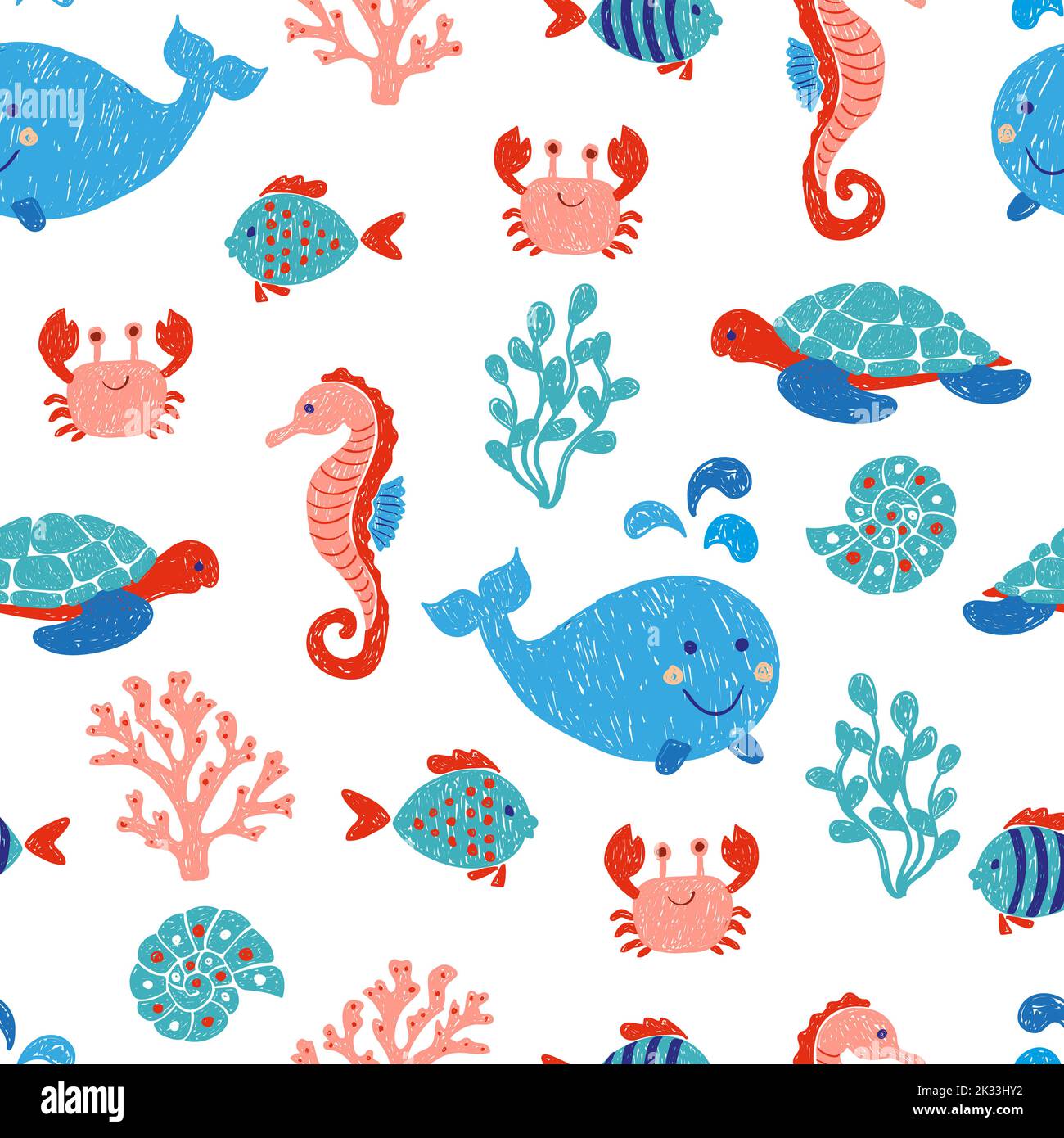Bonito diseño de animales marinos en colores azul y rosa. Antecedentes vectoriales con dibujos infantiles de ballenas, tortugas, caballitos de mar y peces Ilustración del Vector