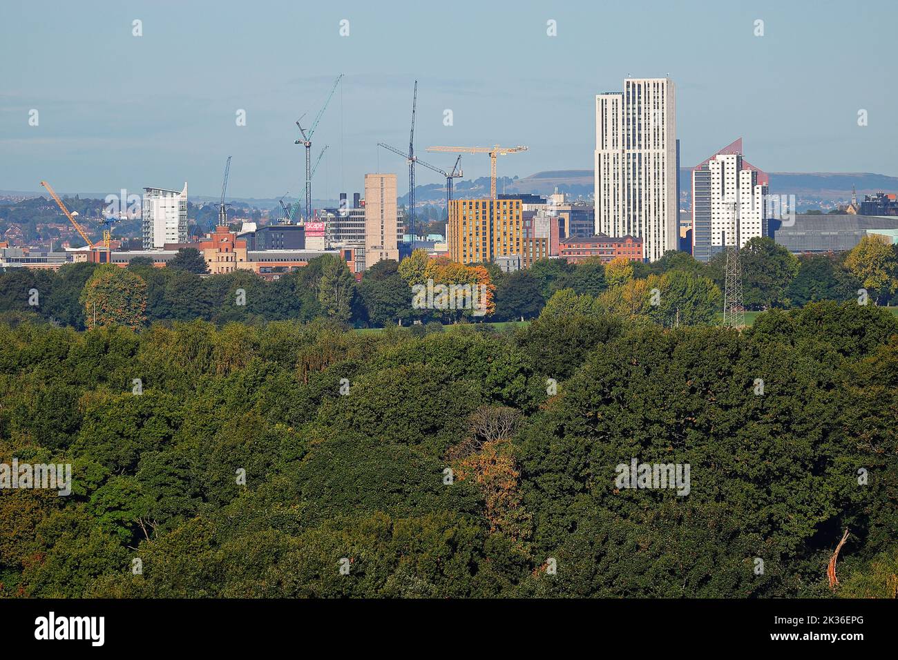 Una vista del horizonte de la ciudad de Leeds con grúas torre en los lugares de construcción Foto de stock