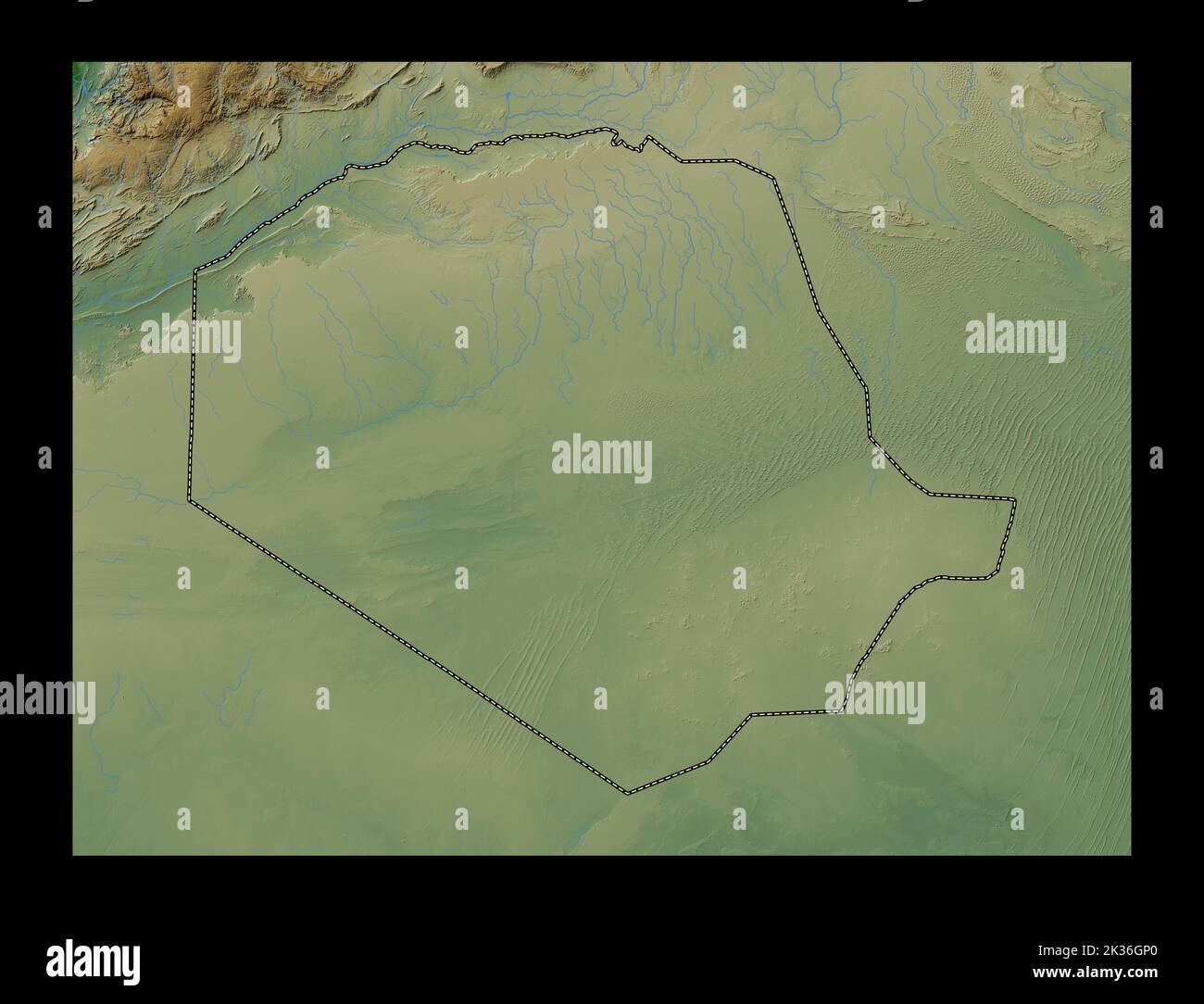 Tinduf, provincia de Argelia. Mapa de altura en color con lagos y ríos