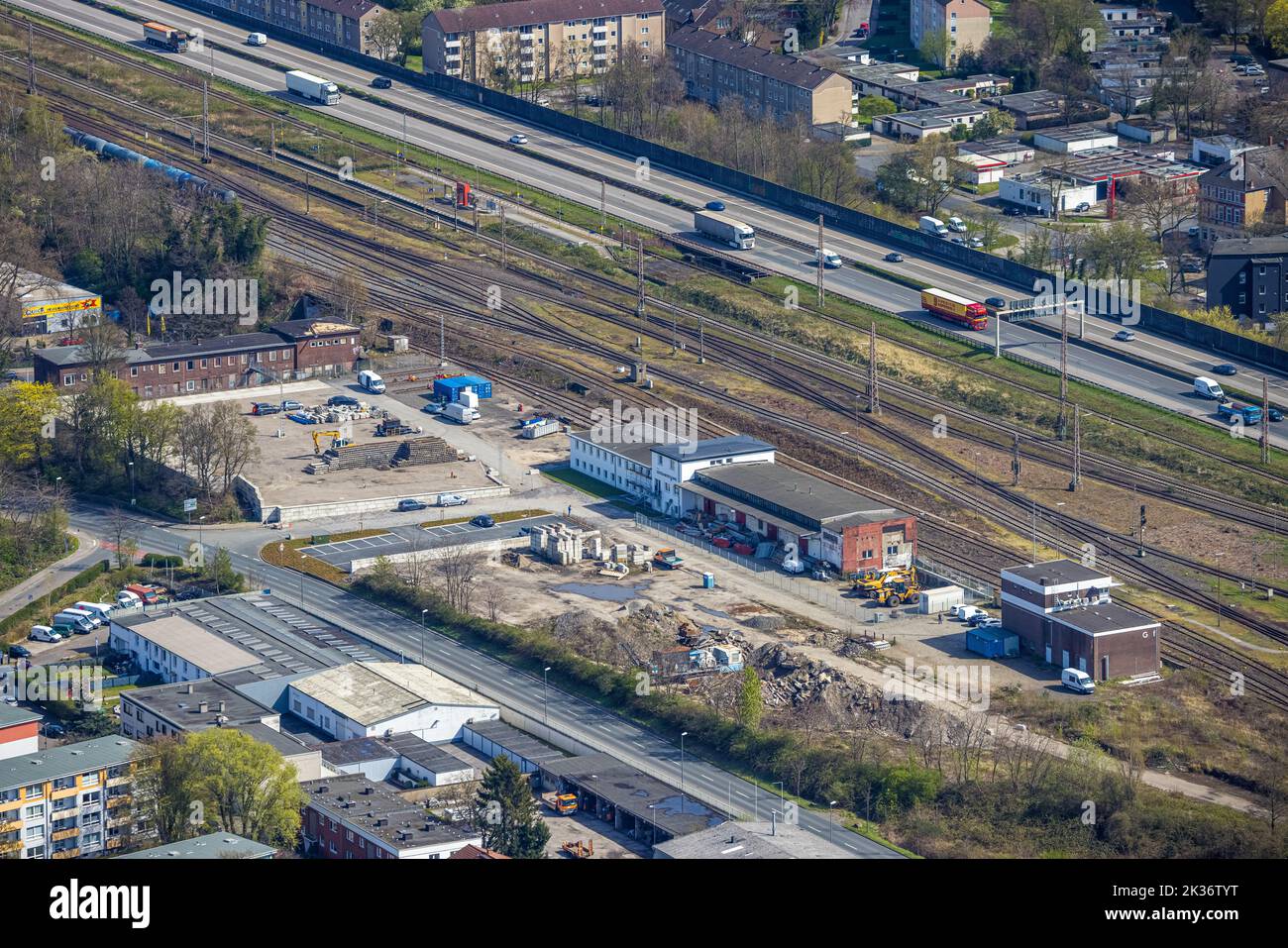 Vista aérea, sitio de construcción en la calle paralela, Bismarck, Gelsenkirchen, zona de Ruhr, Renania del Norte-Westfalia, Alemania, Trabajos de construcción, construcción ar Foto de stock