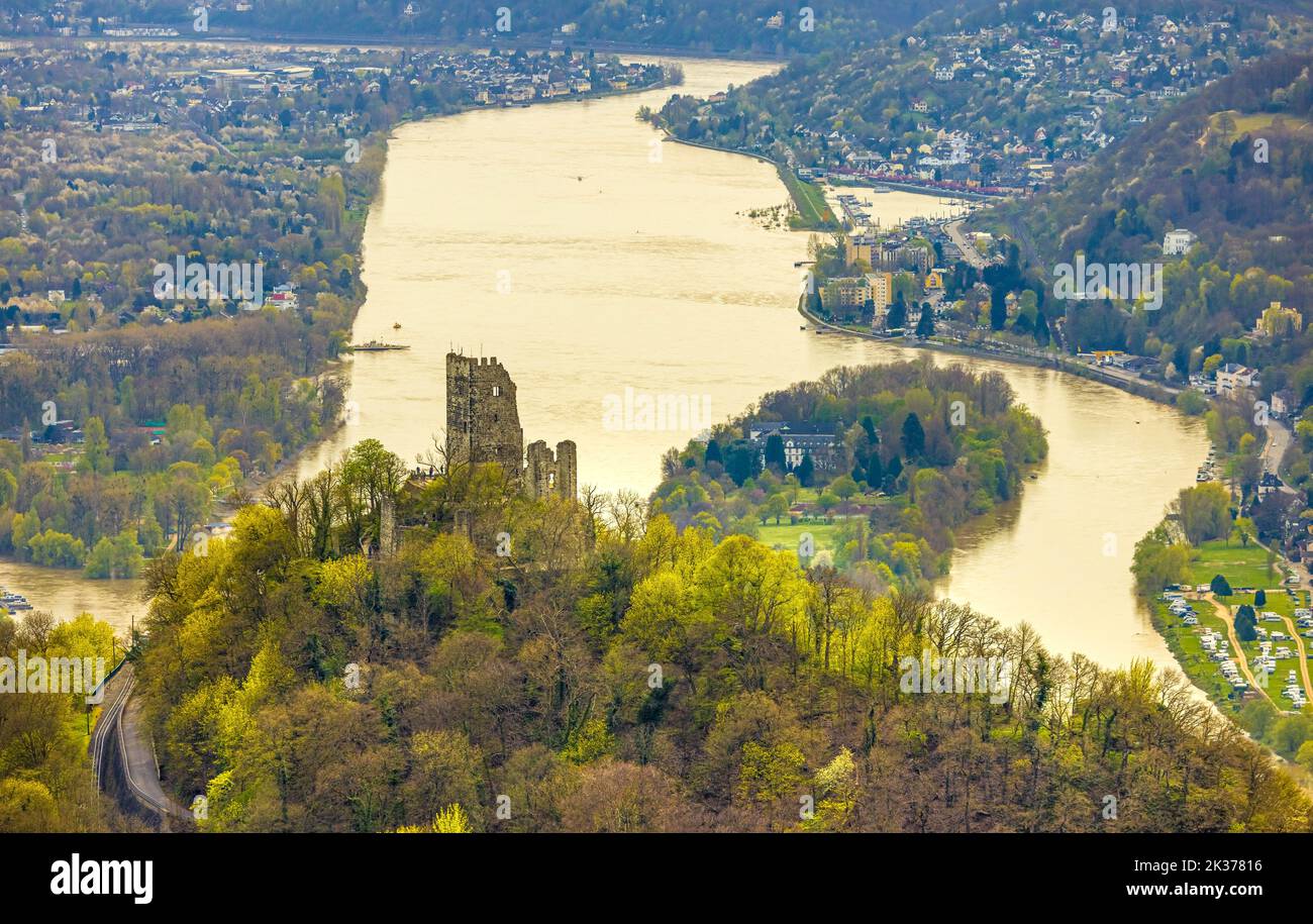 Vista aérea, Drachenfels, ruinas del castillo medieval con vistas al valle del Rin y la isla Nonnenwerth, Königswinter, Renania del Norte-Westfalia, Germ Foto de stock