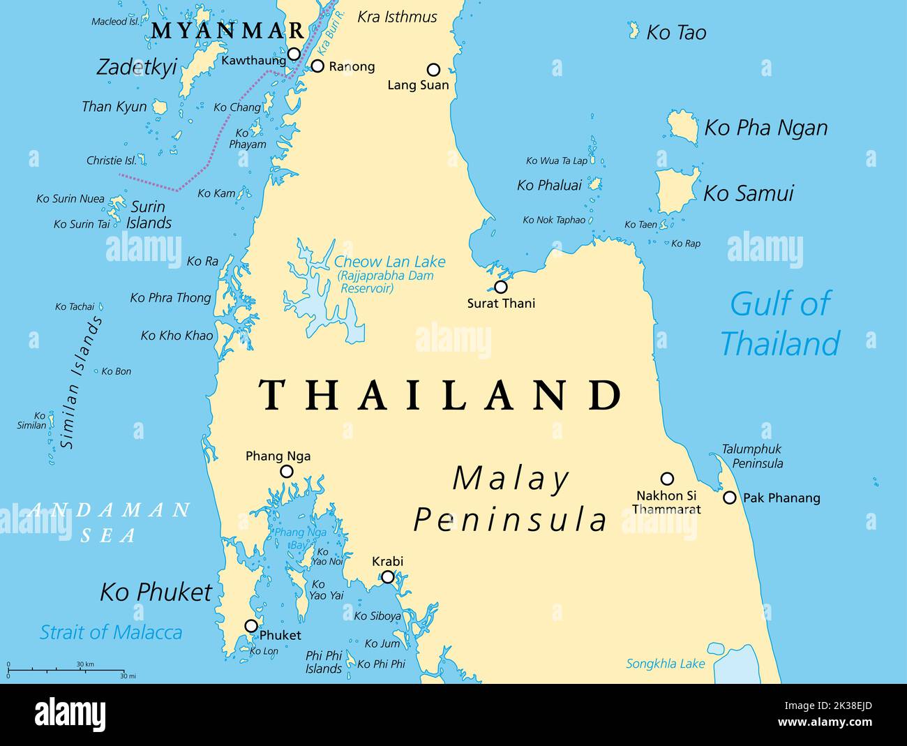 Mapa político de Tailandia, de Ko Tao y Ko Samui a Phuket y Phi Phi Islas. Destinos turísticos al oeste y al este de la Península Malaya. Foto de stock