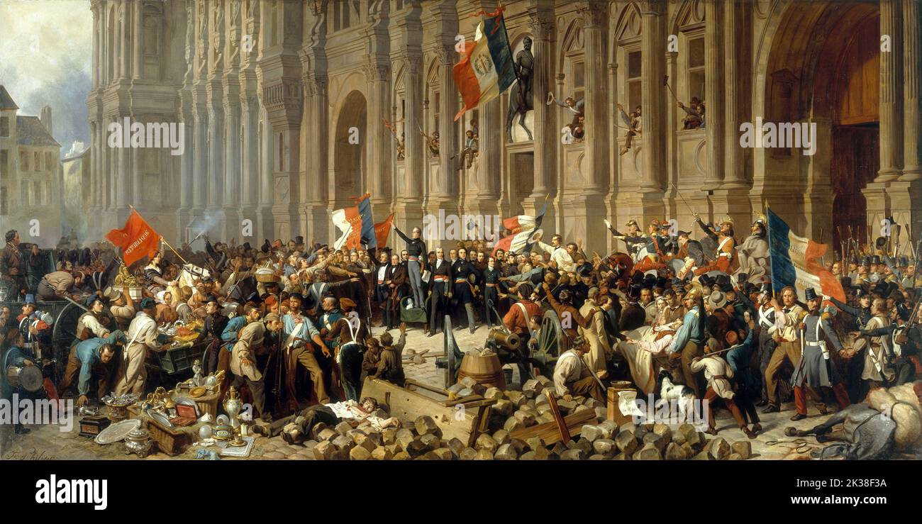 Philipppoteaux - Lamartine delante del Ayuntamiento de París rechaza la bandera roja en 1848 Foto de stock
