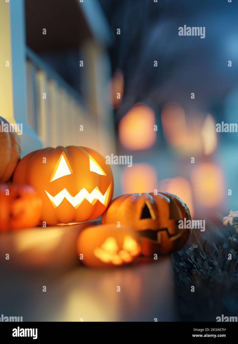 Noche de Halloween calabaza brillante Jack O linternas en un porche delantero. Ilustración 3D Foto de stock