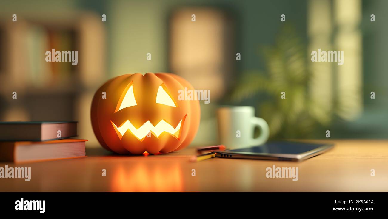 Calabaza de Halloween brillante en un escritorio en casa. Ilustración 3D. Foto de stock