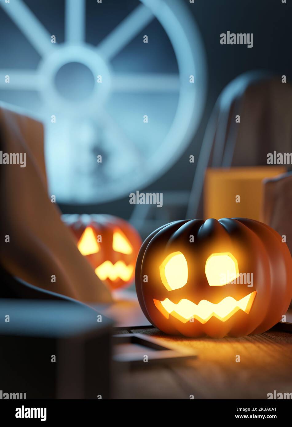 halloween Jack O Lantern calabaza decoración de casa. Espeluznante ilustración 3D Foto de stock