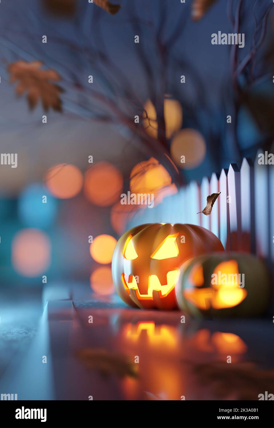 Octubre halloween Jack O Lantern calabazas con caras por la noche en una calle residencial. Ilustración 3D. Foto de stock