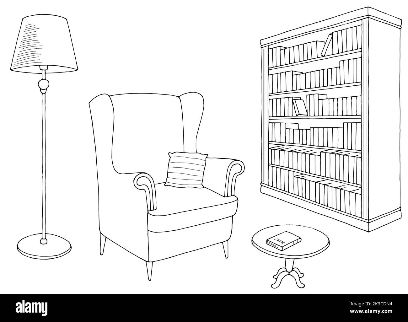 Gráfico interior de biblioteca croquis blanco negro ilustración vector aislado Ilustración del Vector