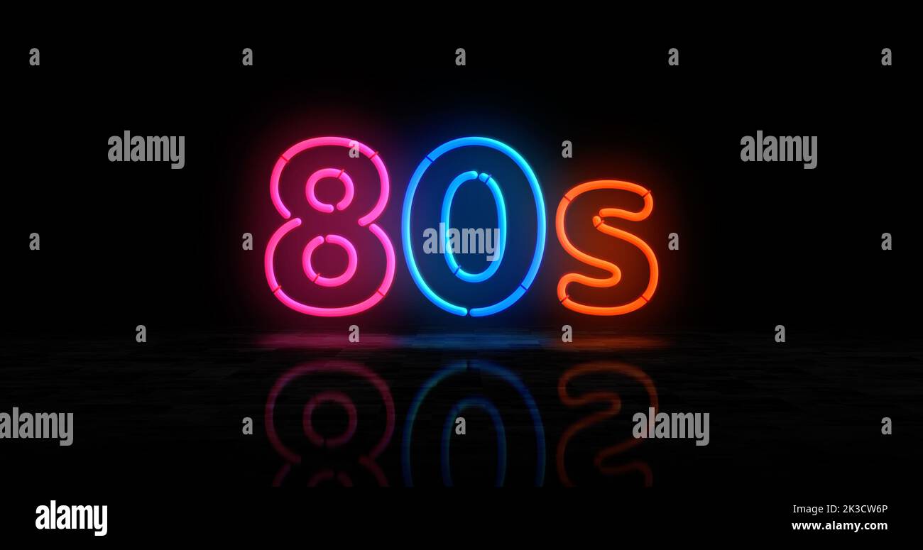 80s símbolo de neón. Bombillas de color de luz de estilo fiesta de estilo retro 1980, 80 nostalgia y vistage. Ilustración del concepto abstracto 3D. Foto de stock