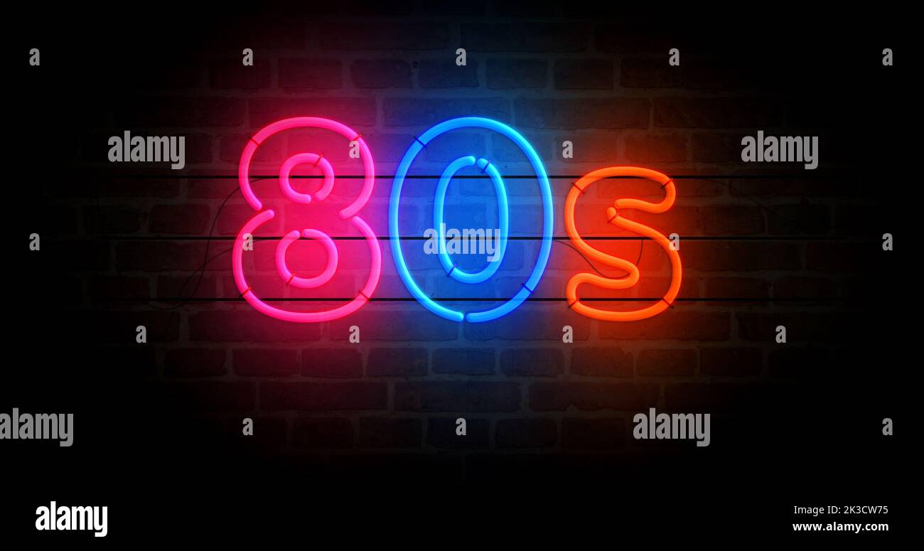 80s símbolo de neón. Bombillas de color de luz de estilo fiesta de estilo retro 1980, 80 nostalgia y vistage. Ilustración del concepto abstracto 3D. Foto de stock