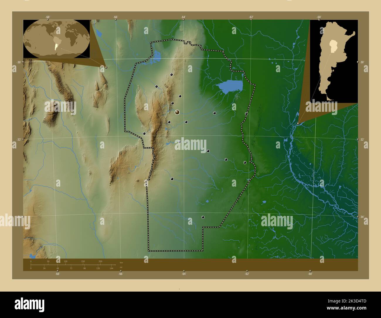 Córdoba, provincia argentina. Mapa de altura en color con lagos y ríos