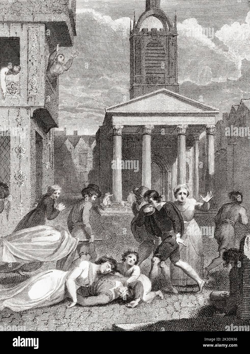 El efecto fatal de la Plaga de 1665. Después de un grabado por el artista inglés Robert Smirke. Las cifras sugieren que hasta 100.000 personas - un cuarto de la población de Londres - murieron durante los 18 meses que la plaga azotó la capital. Foto de stock