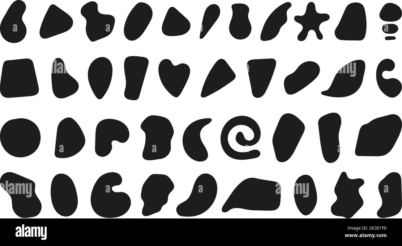 Colección de manchas negras diferentes. Rondas abstractas simples, formas orgánicas y varias formas de gota. Elementos básicos de diseño retro vectorial decorativo. YO Ilustración del Vector