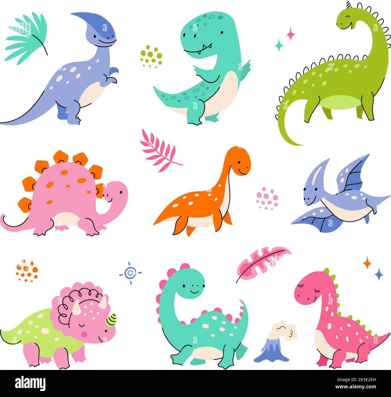 Dibujos animados Cutos personajes de dino. Pequeños dinosaurios, color aislado dinosaurio bebé amigo. Moda bebés animales salvajes, divertido prehistórico nowaday vector anim Ilustración del Vector
