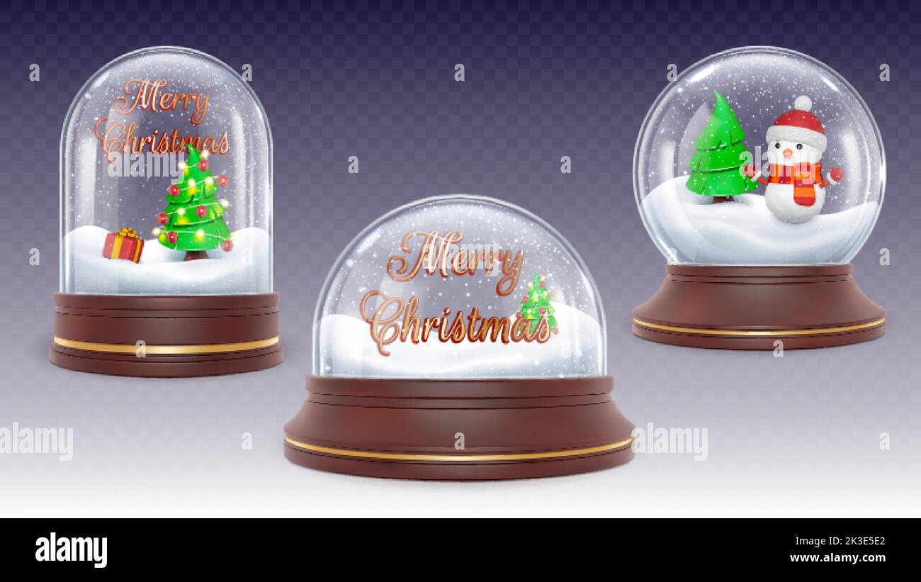 Realista bola de nieve de cristal de navidad, globo con 3D muñeco de nieve y árbol de Navidad. Cúpula de vidrio, cilindro con nevada. Decoración vectorial transparente pitosa o Ilustración del Vector