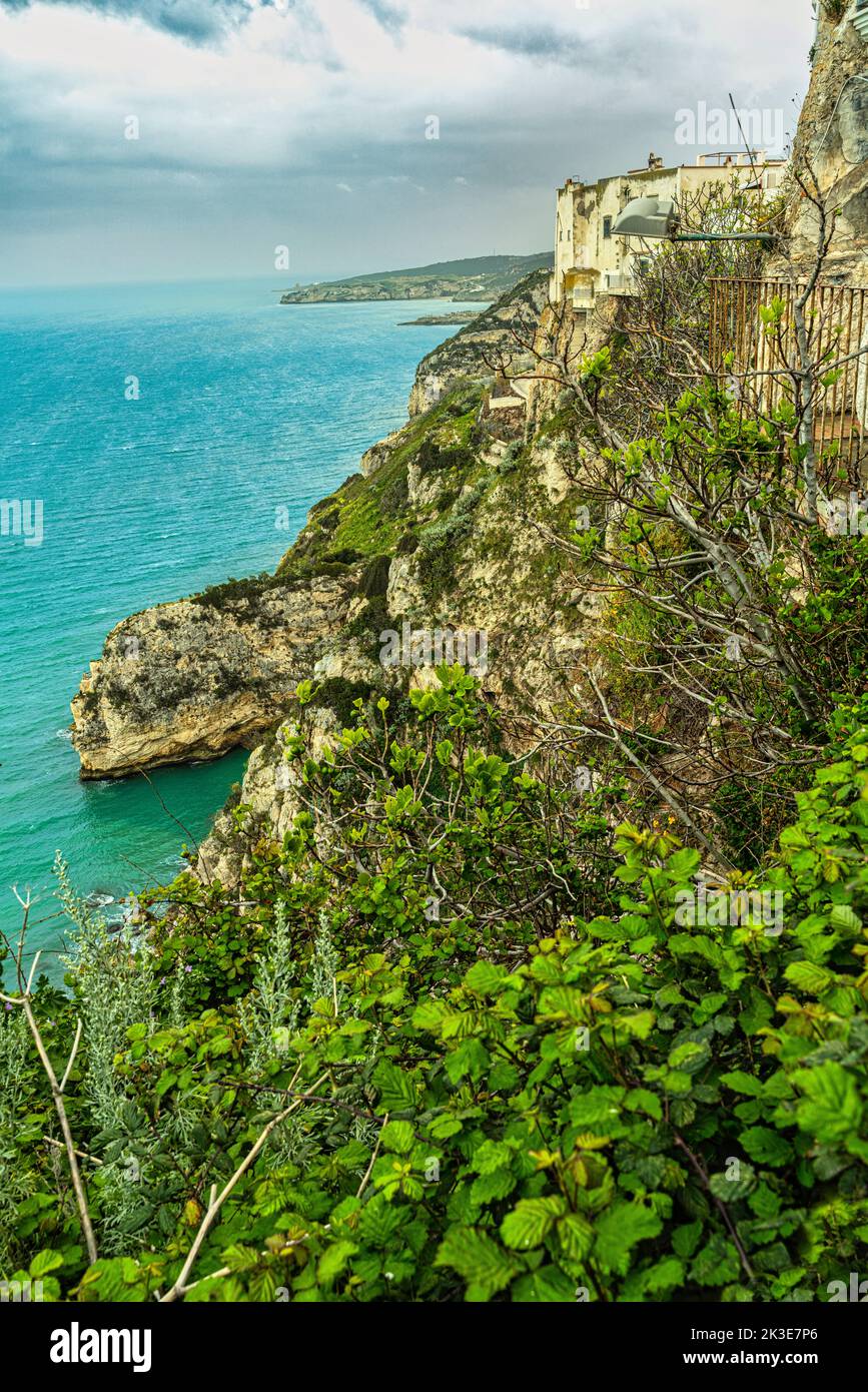 Panorama desde el balcón del castillo medieval de Peschici. Los acantilados cubiertos de vegetación mediterránea tienen vistas al mar. Peschici, Foggia Foto de stock