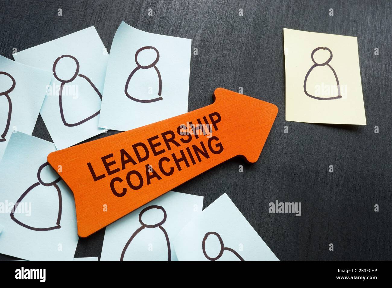 Concepto de orientación de liderazgo. Pegatinas con figuras y flecha. Foto de stock