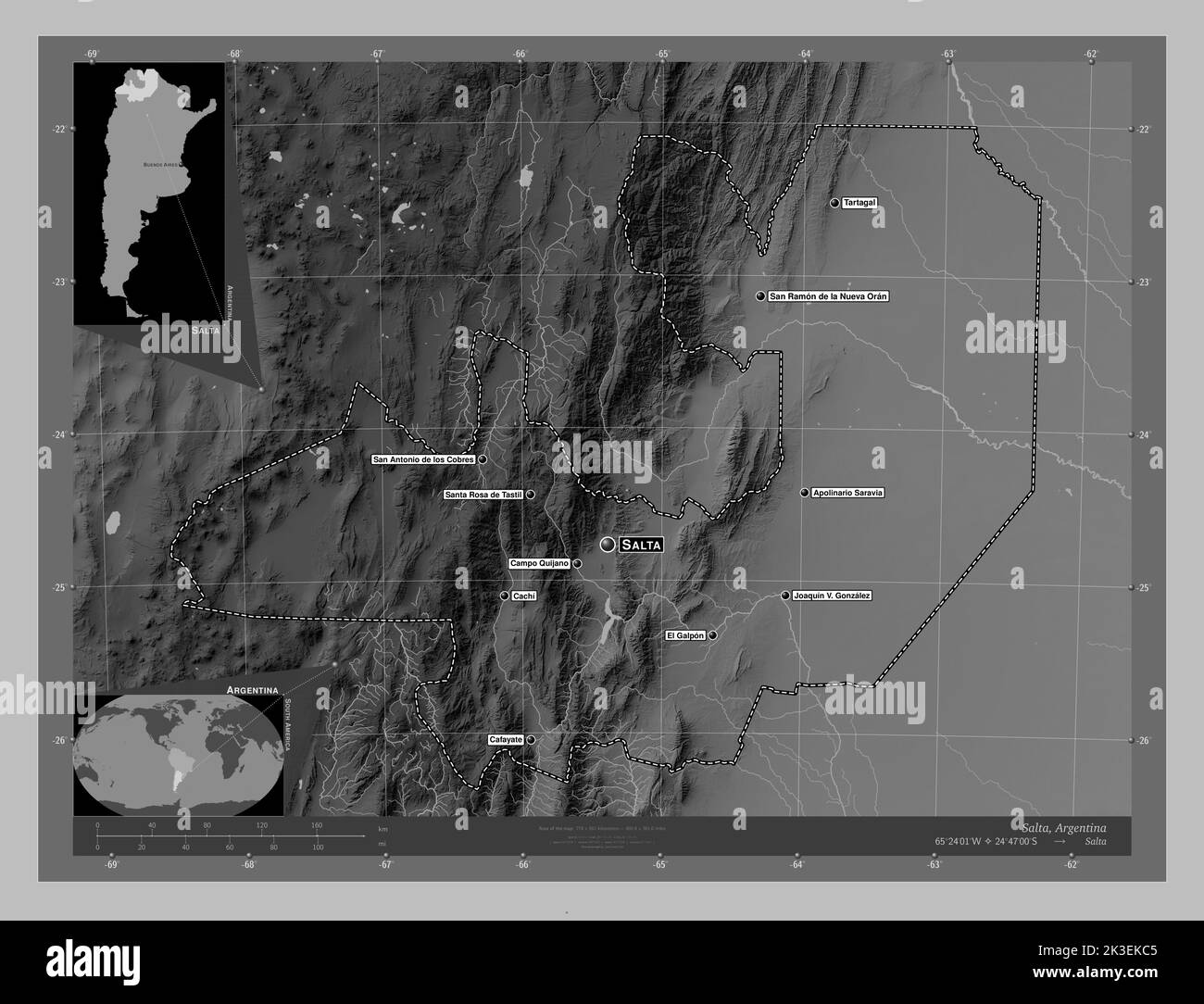 Salta, provincia argentina. Mapa de elevación en escala de grises con