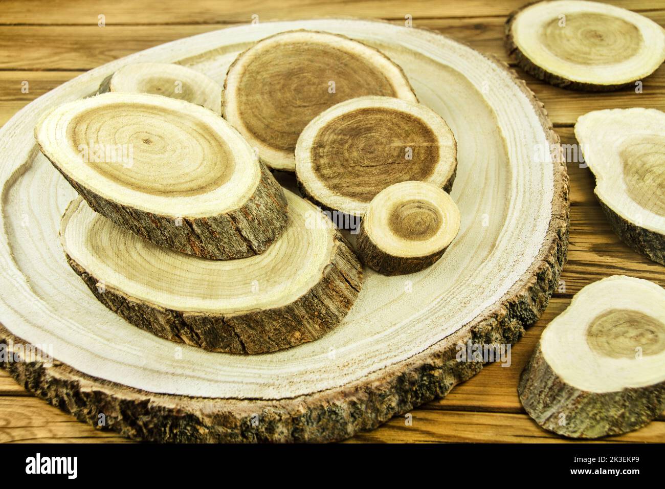 Natürliche Dekoration mit Baumscheiben aus Holz Foto de stock