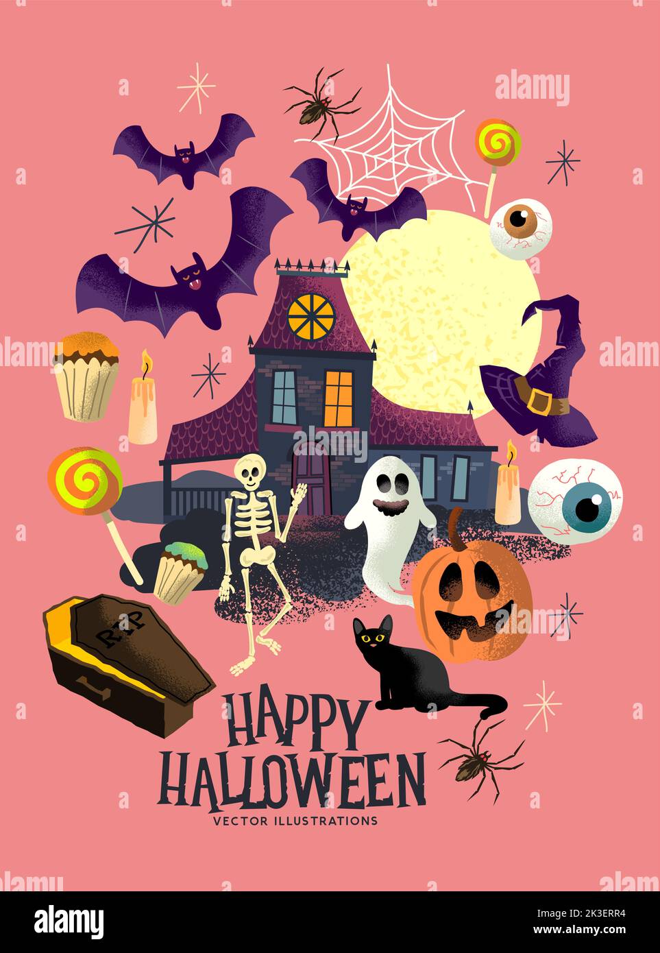 Una colección de trucos o tratar a los personajes y objetos de los eventos de Halloween con fantasmas, calabazas y una casa encantada. Ilustración del Vector