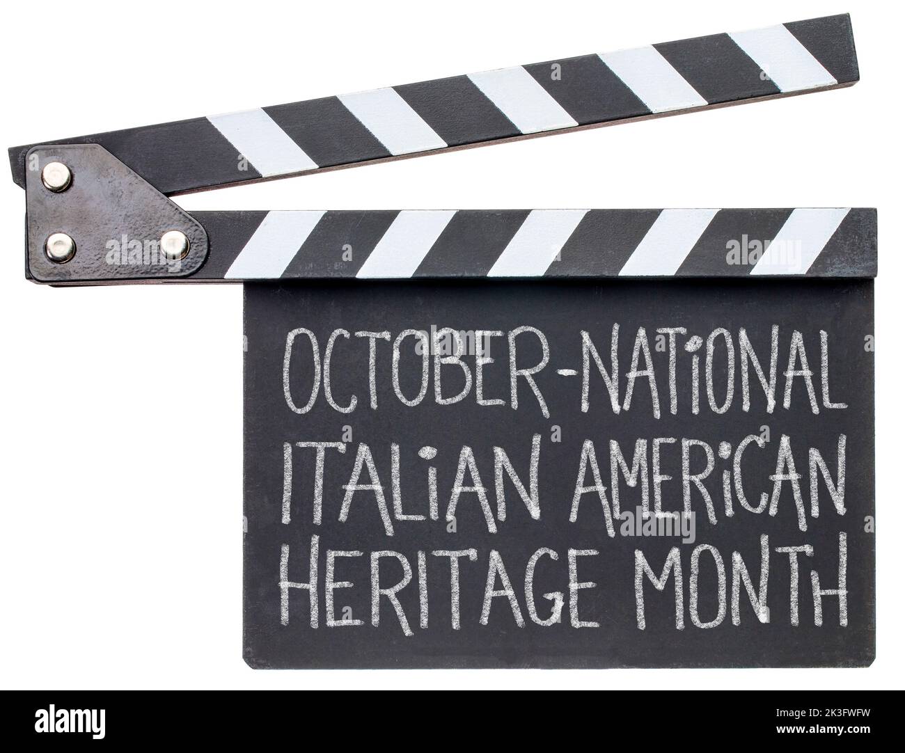 Octubre - Mes Nacional de la Herencia Italo-Americana, tiza blanca a mano ion Una pizarra aislada sobre blanco, recordatorio de evento cultural Foto de stock