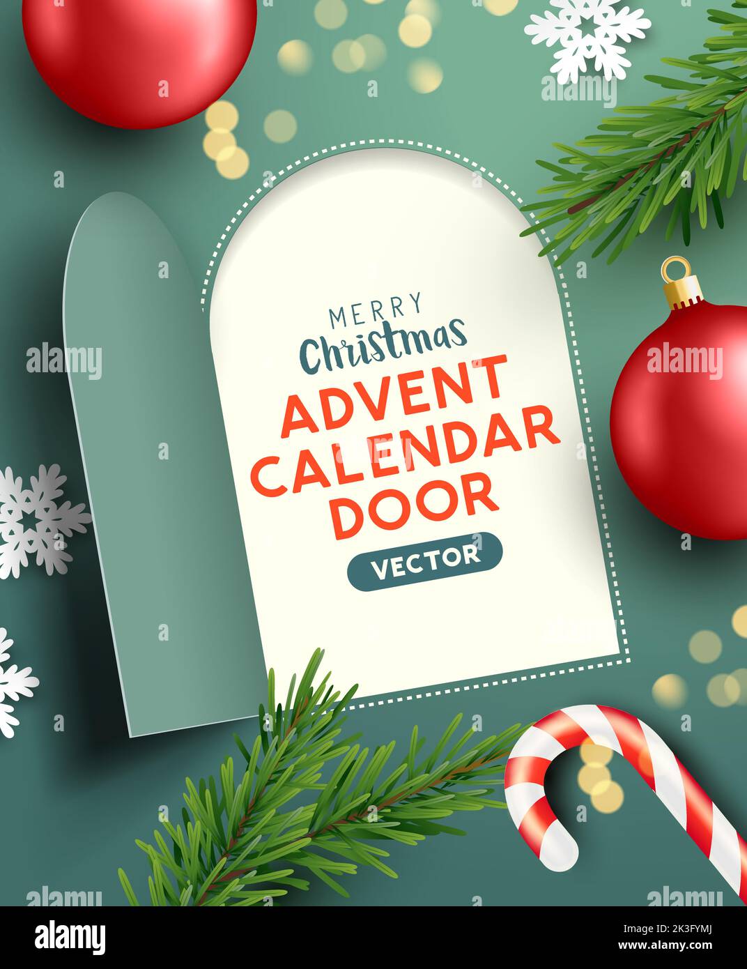 La puerta del calendario de adviento de Navidad se abre para revelar un mensaje festivo. Ilustración vectorial. Ilustración del Vector