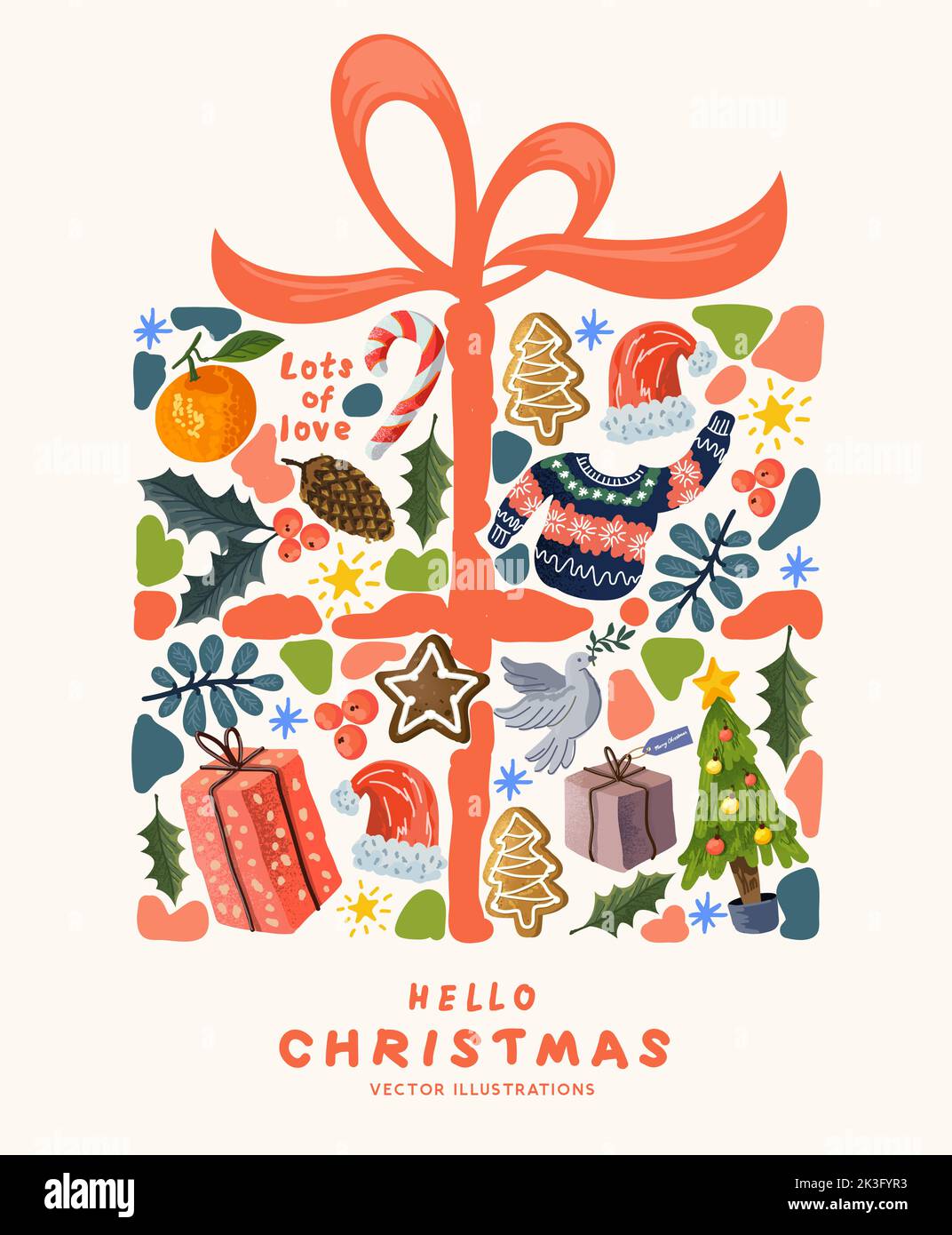 Regalo de Navidad envuelto en diseños decorativos hechos a mano que incluyen plantas, luces y delicias festivas. Ilustración vectorial. Ilustración del Vector