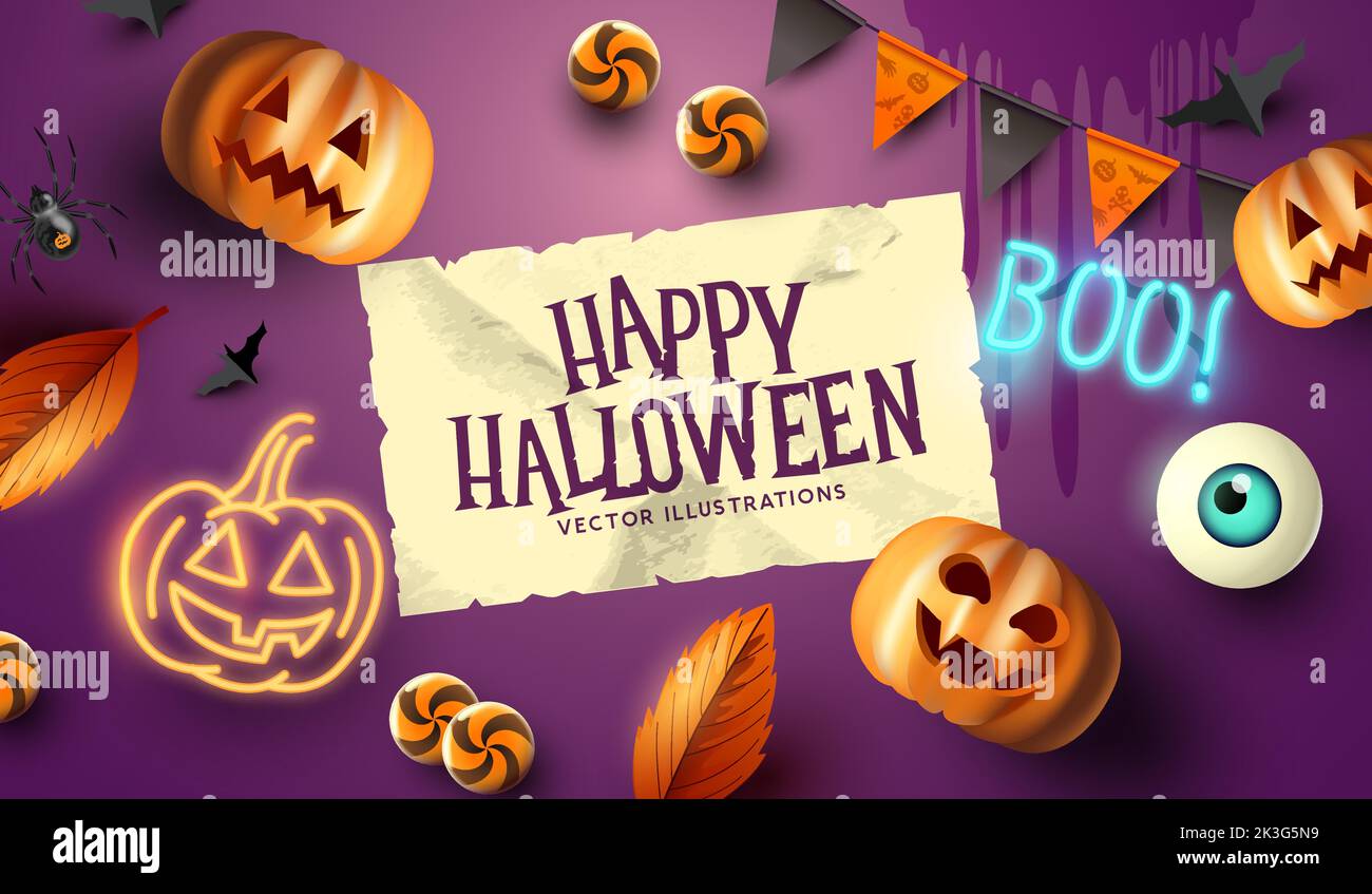 Happy halloween fiesta de fondo con Jack O Lanterns y dulces. Ilustración vectorial. Ilustración del Vector