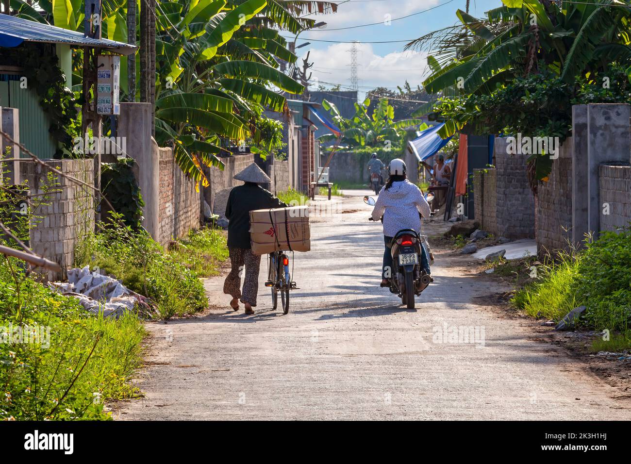 Hombre vietnamita con sombrero de bambú empujando en bicicleta a través del pueblo rural de montaña Hoang Mai, Hai Phong, Vietnam Foto de stock