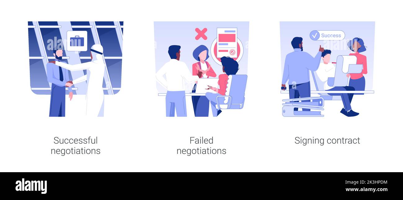 Negociaciones internacionales Conjunto de ilustraciones de vectores de conceptos aislados. Negociaciones exitosas, no alcanzar un acuerdo, acuerdo fallido, firmar contrato, viaje de negocios, dibujos animados vectoriales de la asociación Imagen Vector de Negociaciones internacionales Conjunto de ilustraciones de vectores de conceptos aislados. Negociaciones exitosas, no alcanzar un acuerdo, acuerdo fallido, firmar contrato, viaje de negocios, dibujos animados vectoriales de la asociación Imagen Vector de