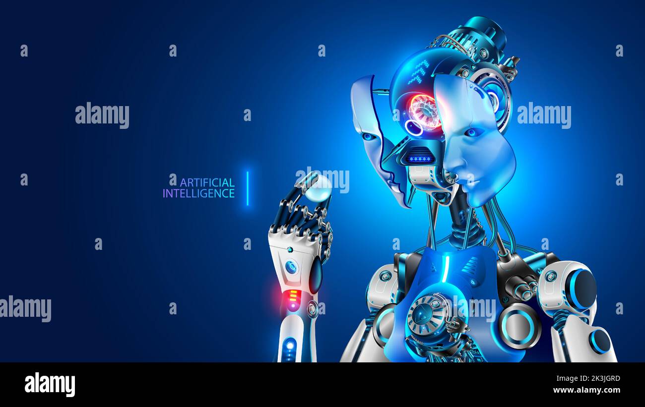 Robot con AI mantener en la mano centro de cerebro electrónico. Cara cyborg se abrió para la instalación del procesador de inteligencia artificial cibernética. Mecánico Ilustración del Vector