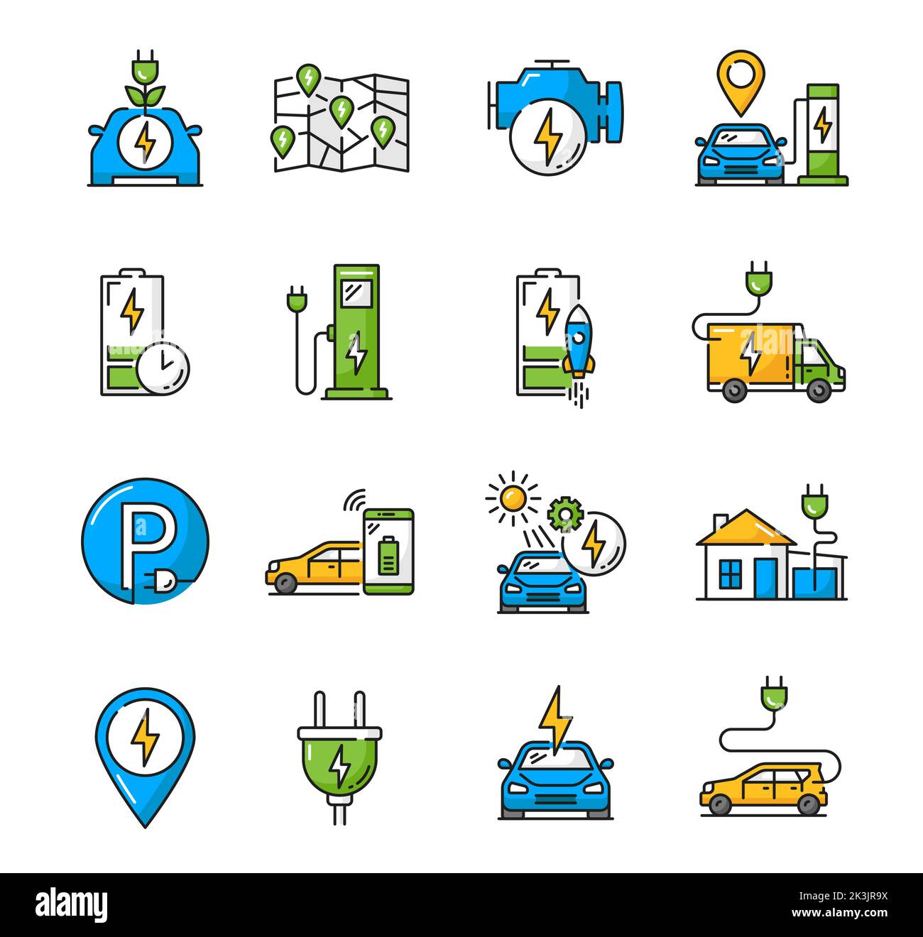 Iconos de color de carga de vehículos eléctricos. EV Vehículo batería
