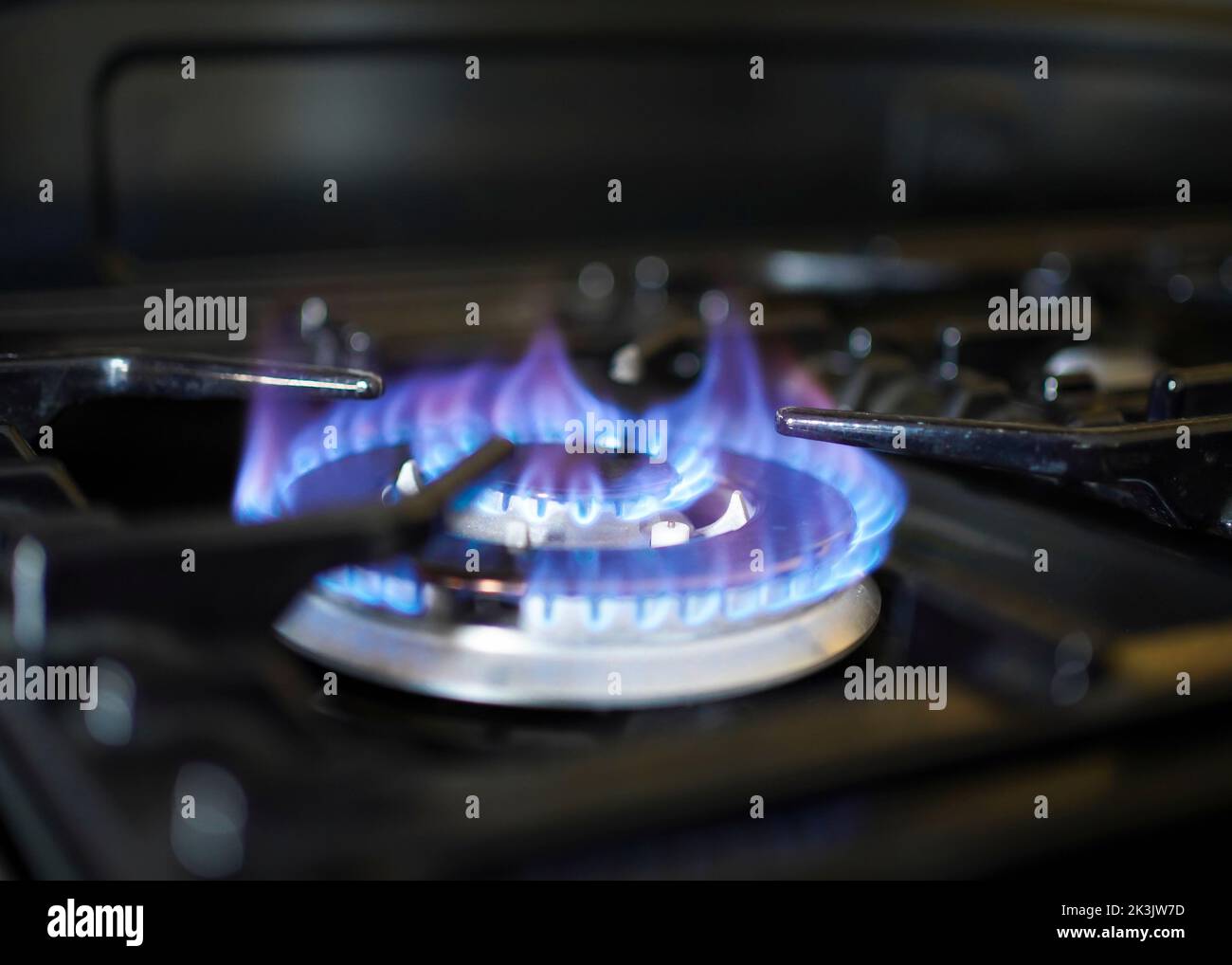 Rejilla De Estufa De Cocina En Un Quemador Alimentado Por Gas Natural  Combustible O Gas De Síntesis, Propano, Butano. Cocina Como Calentador.  Despilfarro De Recursos Naturales. La Llama Azul De La Encimera