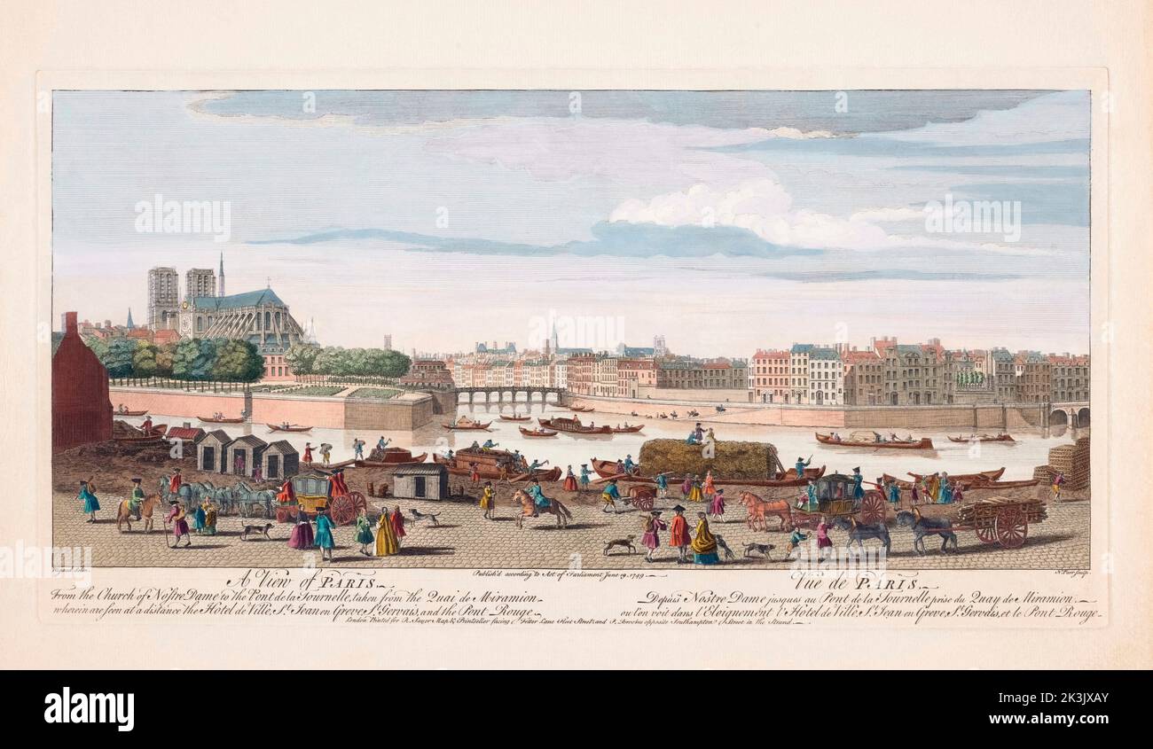 Una vista de París visto desde el Quai de Miramion a lo largo del Sena a la catedral de Notre Dame y el Pont de la Tournelle. De una impresión fechada en 1749 por Nathaniel Parr después de un dibujo de Jacques Rigaud. Foto de stock