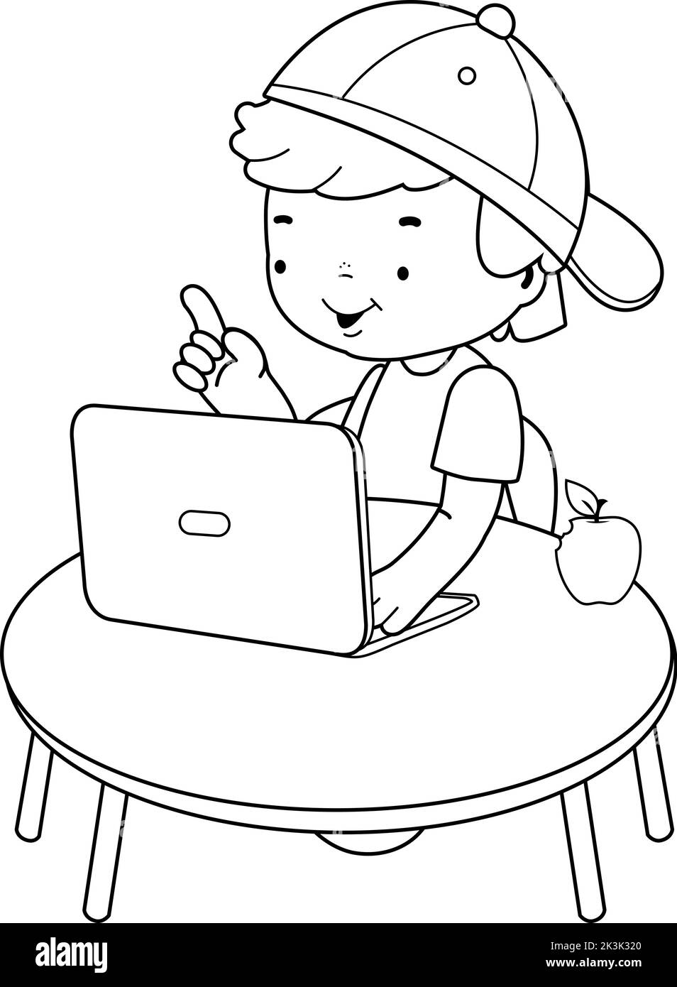 Niño en su escritorio usando el ordenador. Página de color blanco y