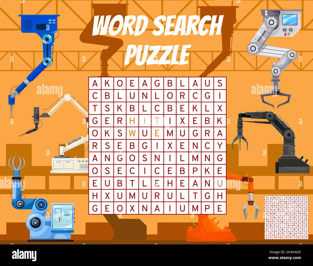 Robot brazos en fábrica de búsqueda de palabra puzzle hoja de trabajo