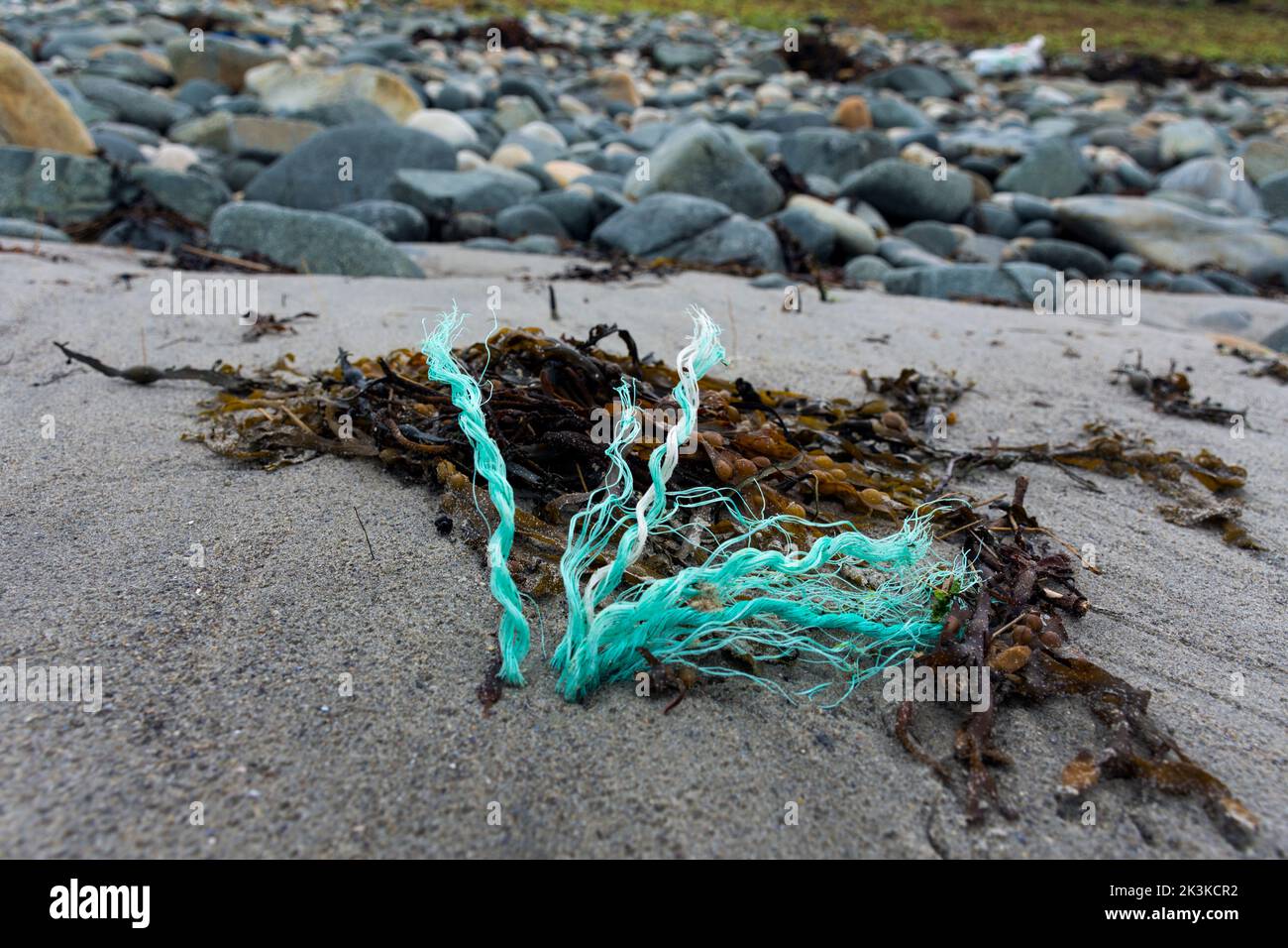 Restos de cuerda de plástico enredando una playa con algas marinas en la costa de Donregal, Irlanda Foto de stock