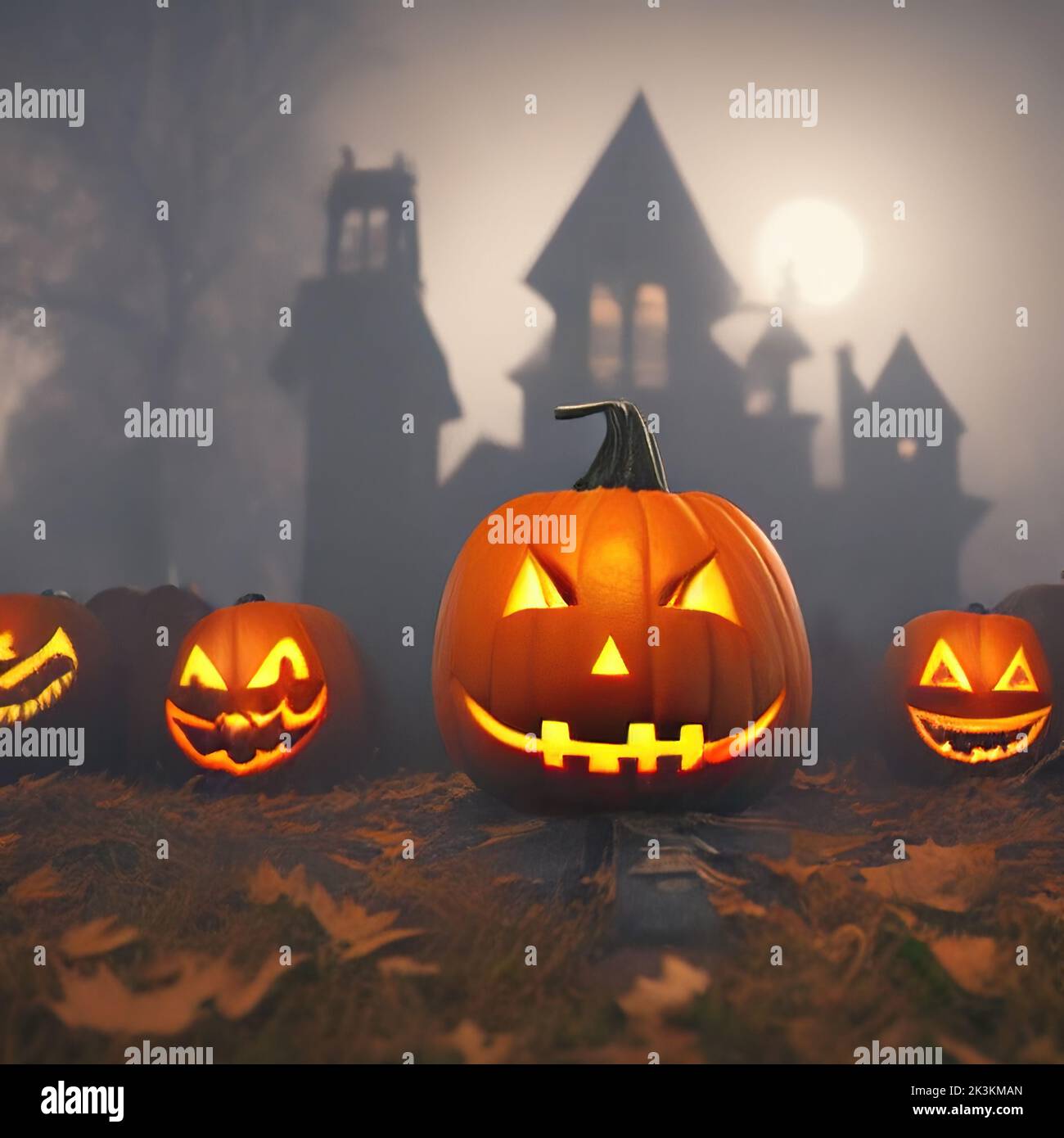 3D Renderización de jacks-o-linternas de Halloween descansando en un suelo con casa de brujas en el fondo bajo la luz de la luna Foto de stock