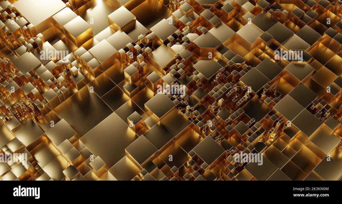 Patrón de cubos cuadrados dorados. Ilustración de representación 3D. Fondo metálico dorado Foto de stock