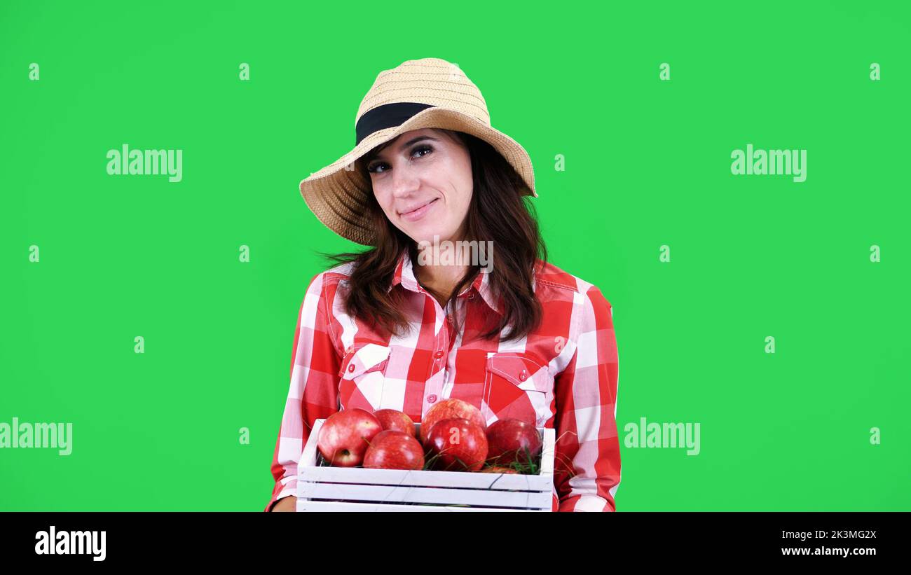 retrato de una mujer agricultora sonriente con camisa y sombrero a cuadros, sosteniendo una caja de madera con manzanas orgánicas rojas maduras, sobre fondo verde en el estudio. Comida sana a tu mesa. Fotografía de alta calidad Foto de stock