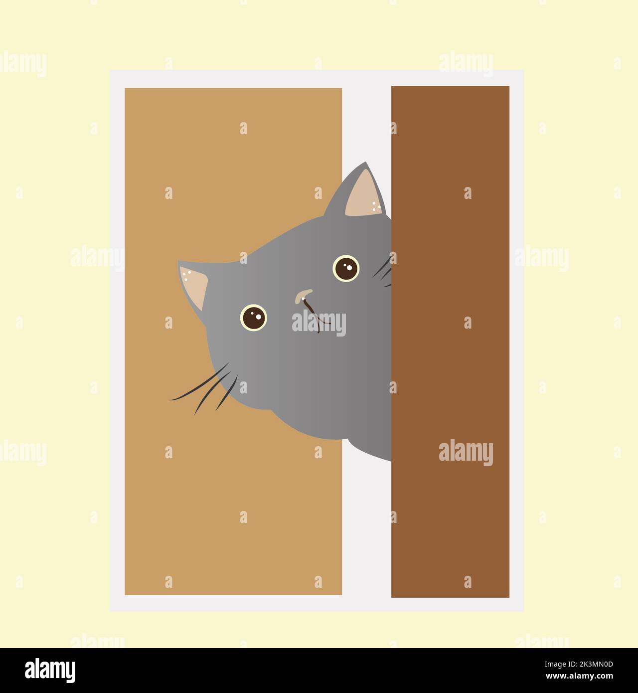 grasa gris gato mirando desde detrás de la puerta Foto de stock