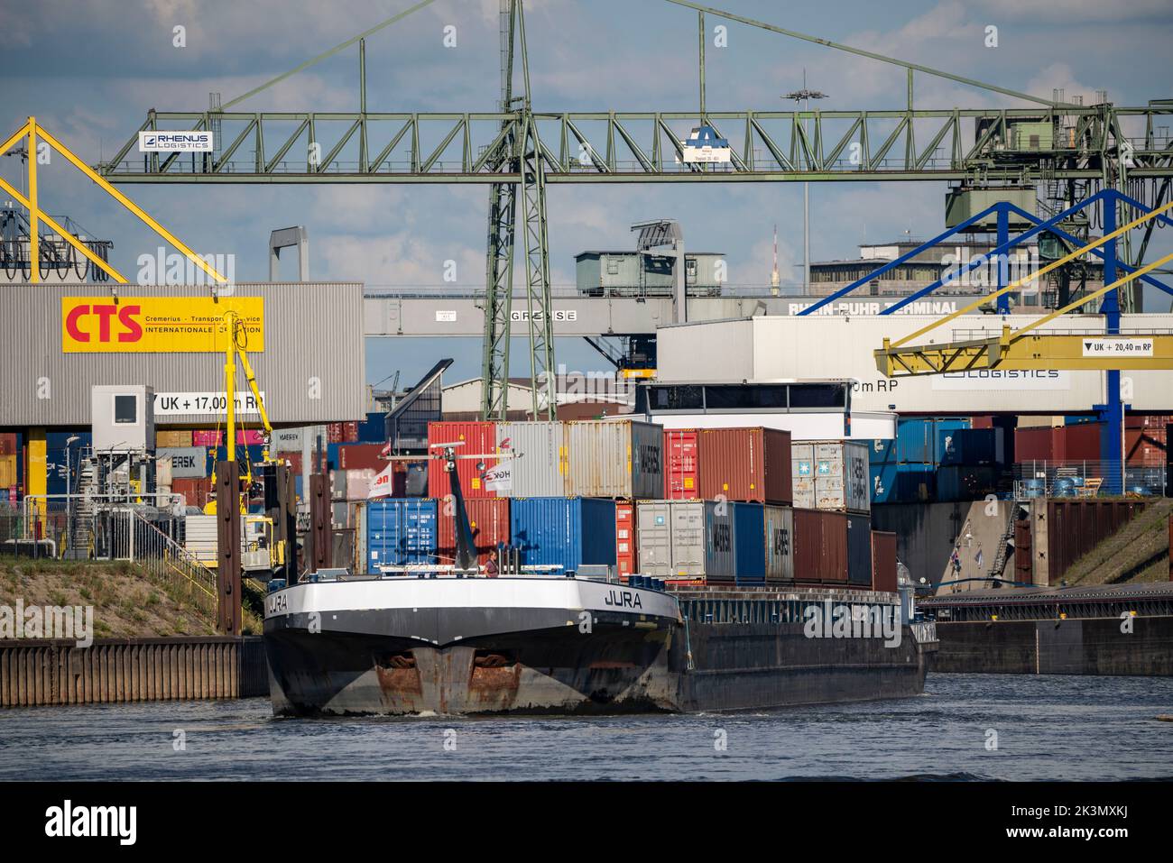 Puertos de Duisburg, puerto exterior, puerto paralelo, manipulación de contenedores, en el Rin, Contenedores de carga, Duisburg, NRW, Alemania Foto de stock