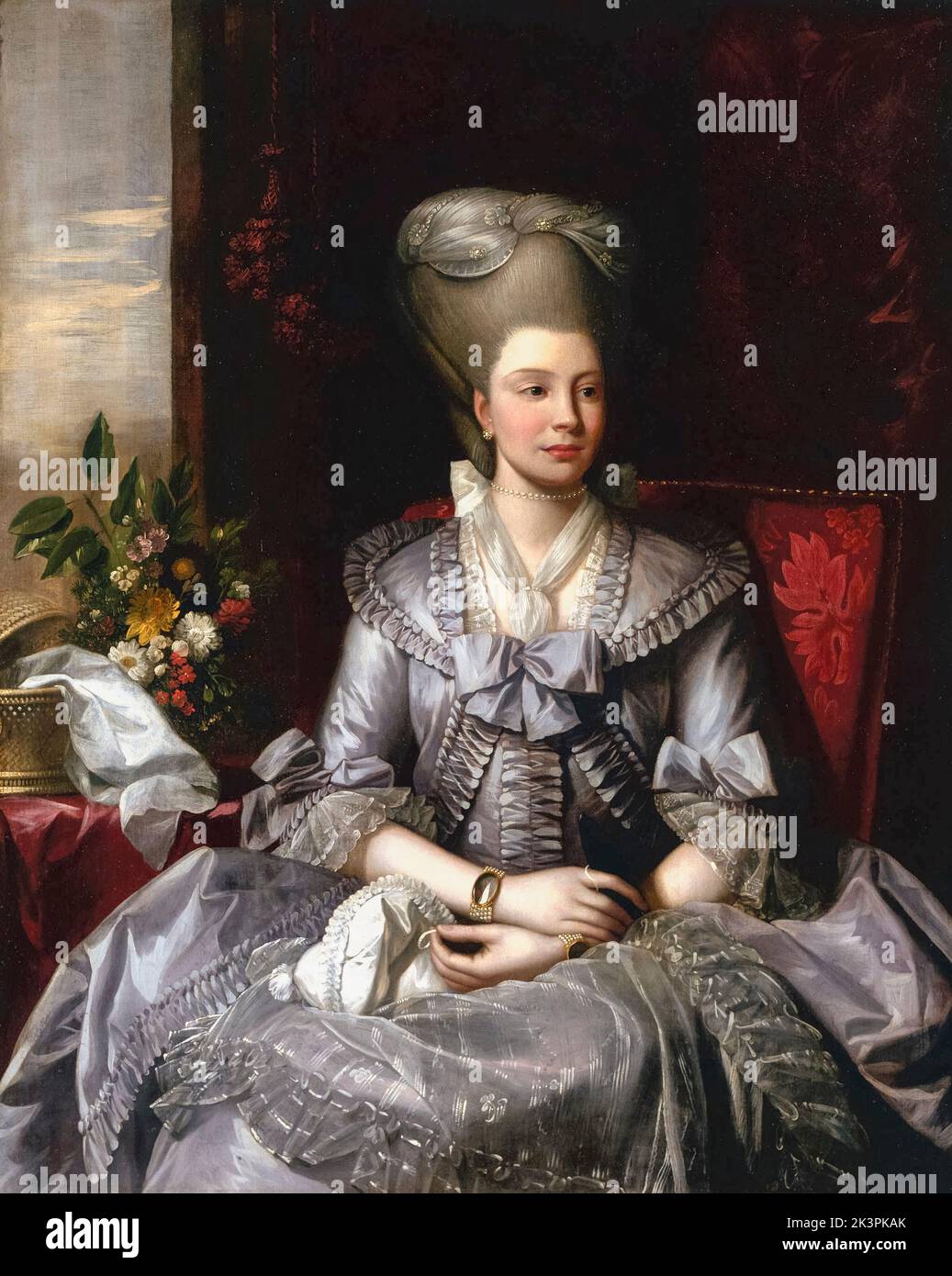 La reina Charlotte de Mecklenburg-Strelitz (1744-1818), la reina Consort del Reino Unido, retrato al óleo sobre lienzo de Benjamin West, hacia 1776 Foto de stock
