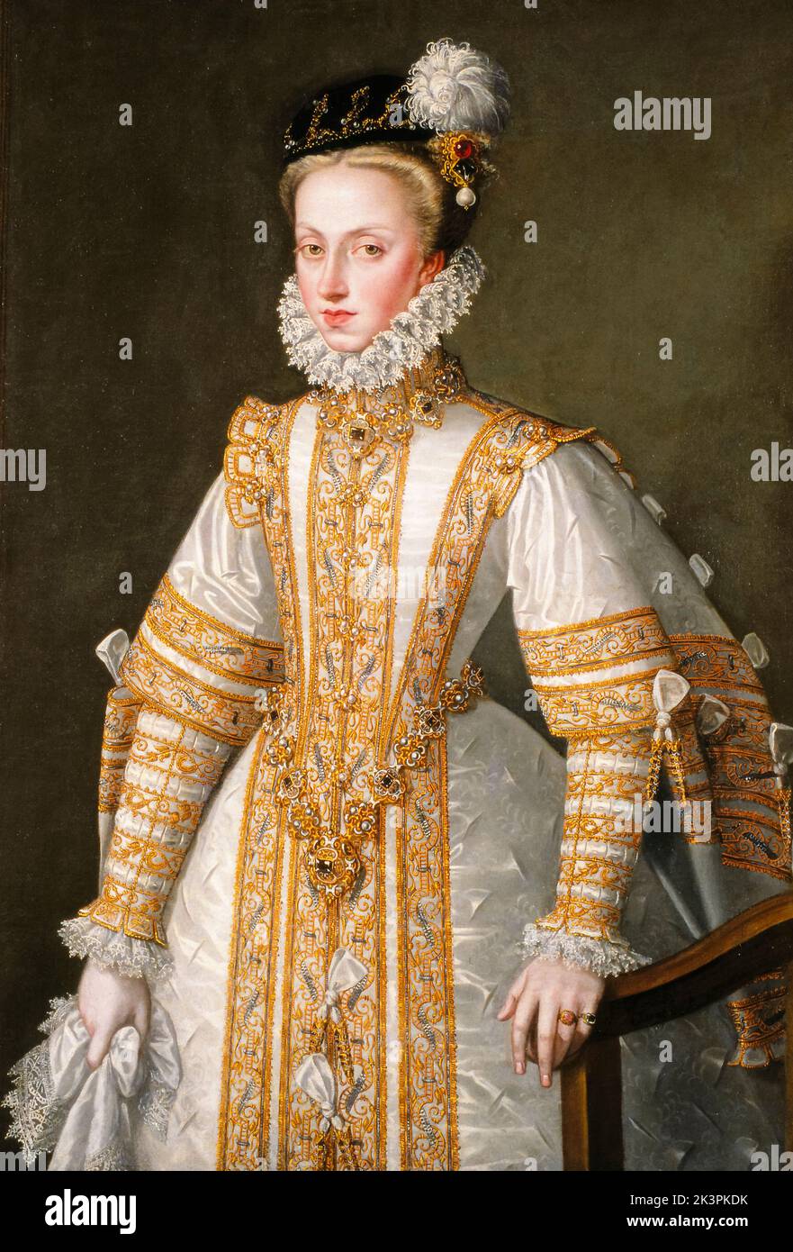 Ana de Austria (1549-1580), Reina Consort de España en matrimonio con su tío Felipe II de España, también brevemente Reina Consort de Portugal (septiembre-octubre de 1580), retrato en óleo sobre lienzo de Alonso Sánchez Coello, alrededor de 1571 Foto de stock